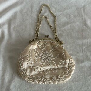 Vintage Ivory Pearly Satin Beaded Purse Clutch Handbag Handmade Gold Chain Strap